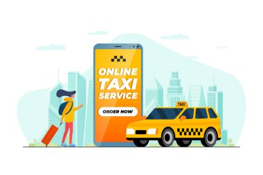 Taksi siparişi uygulama konsepti. Çevrimiçi mobil uygulama ve sipariş düğmesi olan akıllı telefonu olan genç bir kadın şimdi sarı taksinin yanında. Taksi aktarım vektör illüstrasyonunu al