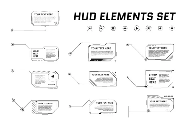 Hud fütüristik seslendirme başlıkları. Bilgi çağrısı ok kutusu çubukları ve modern dijital bilgi siyah çerçeve şablonları. Arayüz Ui ve Gui elementleri ayarlandı. Vektör illüstrasyonu