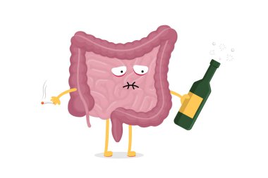 Sad suffering sick drunk intestines character with alcohol bottle and cigarette. Abdominal cavity digestive and excretion human internal unhealthy organ. Bad indigestion vector illustration