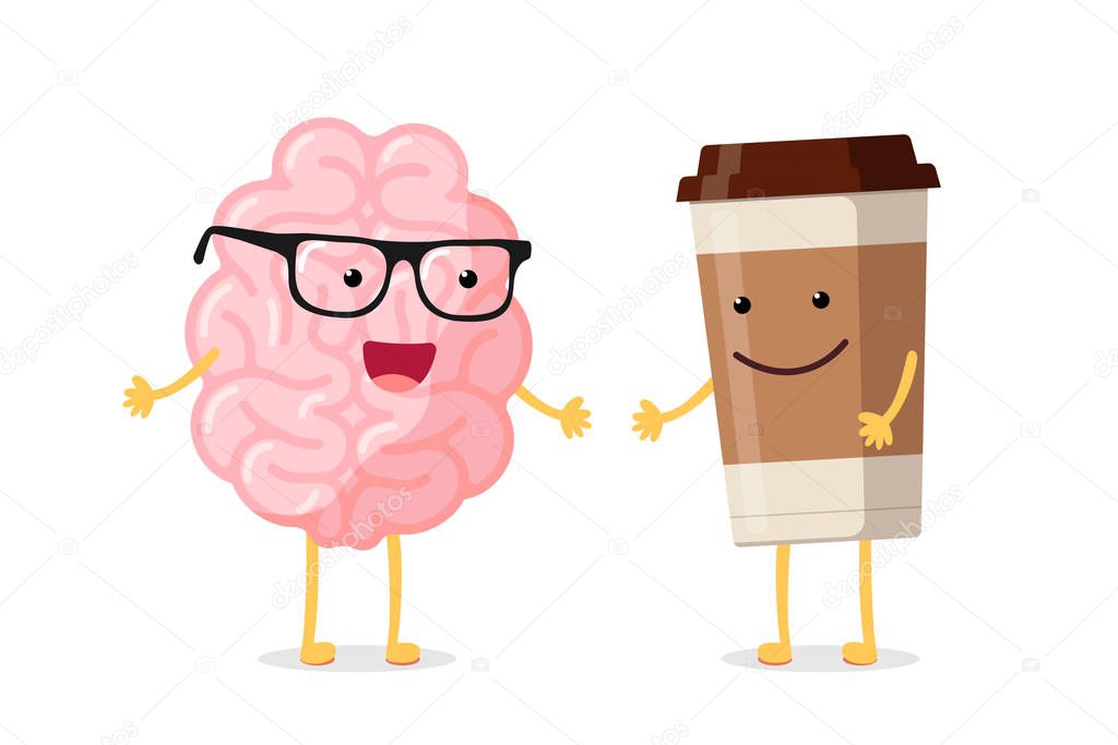 Cartoon smart happy smiling human brain with glasses and cup hot drink coffee character. Central nervous system organ wake up good morning funny concept. Flat eps vector illustration