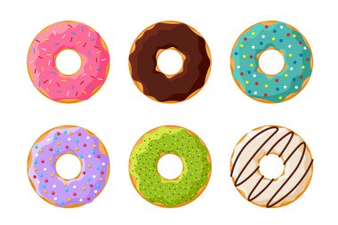 Cartoon colorful tasty donut set isolated on white background. Glazed doughnuts top view collection for cake cafe decoration or menu design. Vector flat illustration clipart