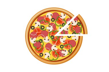 Dilimlenmiş domatesli pizza mantarlı salam sosisli soğan biberli siyah zeytin ve peynir. İtalyan fast food izole edilmiş vektörü illüstrasyon içeriyor