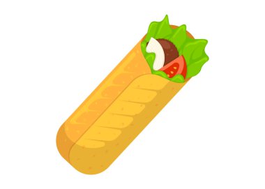Shawarma fast food eti rulosu. Arap usulü tost kebabı. Çizgi film shaurma veya burrito düz vektör çizimi
