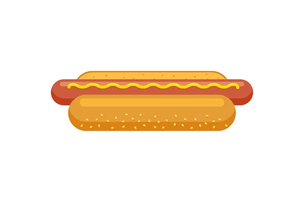 Perro caliente de comida rápida. Salchicha de perro caliente en pan con ilustración de vectores planos de mostaza — Vector de stock