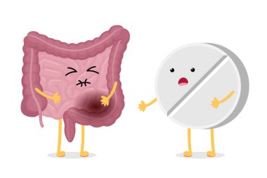 Sad suffering sick intestine pain and medicine drug tablet cartoon character. Abdominal cavity digestive and excretion human internal unhealthy organ treatment. Inflammation indigestion concept