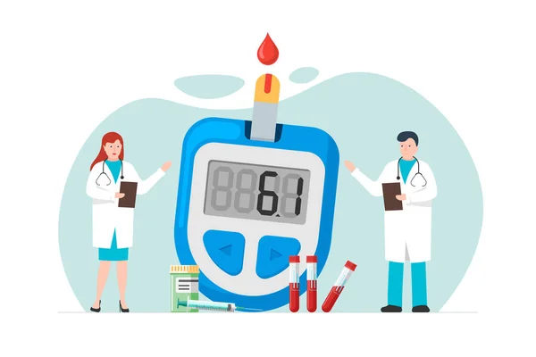 Médicos macho e fêmea com glicosímetro para diagnóstico médico de diabetes medindo o nível de açúcar. Medidor de glicemia diabética com comprimidos e tubos de ensaio. Equipamento de laboratório e ilustração da seringa — Vetor de Stock