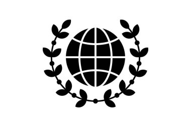 Çelenk şeklindeki doğrusal simgeye sahip dünya küresi. Küresel Barış Ödülü konsept çizgisi çizimi