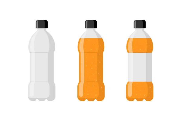 プラスチックボトルはオレンジソーダ飲料とラベルが空に設定されています。酒石酸飲料と泡が描かれています。 — ストックベクタ