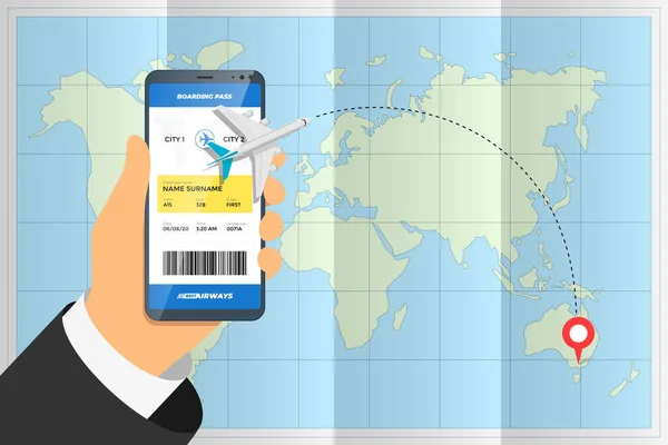 Mão segurando smartphone com aplicativo móvel encomendar bilhete de voo e rota do avião no pino de localização de destino acima do mapa do mundo dobrado. Turismo de negócios on-line cartão de embarque conceito de reserva eps — Vetor de Stock