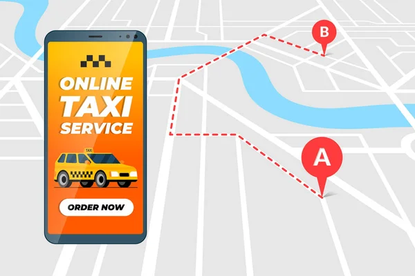 Smartphone s on-line taxi objednání služby koncepce aplikace. Taxi transfer trasy a geotag gps umístění pin příjezdu adresa na mapě města. Získat ploché vektorové ilustrace aplikace taxi — Stockový vektor