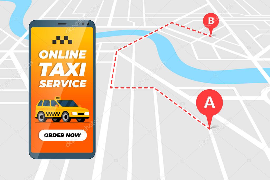 Smartphone with online taxi ordering service app concept. Cab transfer route and geotag gps location pin arrival address on city map. Get taxicab application flat vector illustration