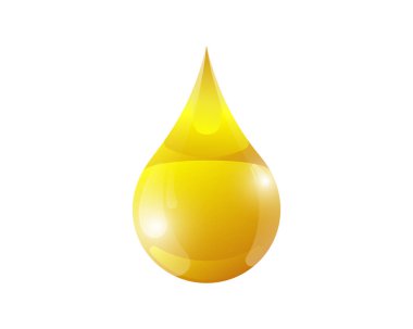 Altın sıvı 3D parlak yağ damlası. Bal veya endüstriyel ve petrol damlası izole edilmiş vektör çizimi