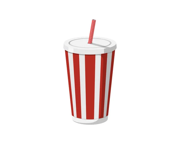 Plantilla de empaquetado de taza rayada de papel desechable rojo o bebida plástica con paja para beber refrescos o cócteles de jugo fresco. Ilustración vectorial aislada sobre fondo blanco — Vector de stock