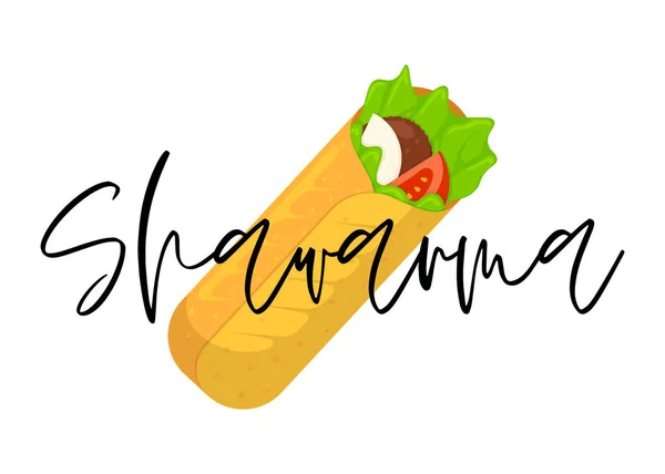 Shawarma Fast Food Ρολό Κρέατος Επιγραφή Γράμματα Αραβικό Ανατολίτικο Τοστ — Διανυσματικό Αρχείο
