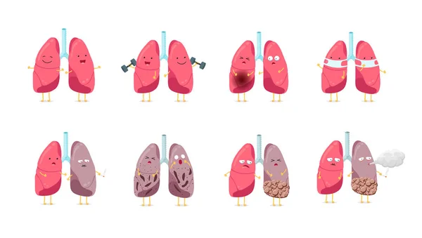 Sad sick unhealthy and healthy strong happy smiling cute lung character set. Human respiratory system internal organ funny cartoon collection. Vector mascot illustration — Wektor stockowy