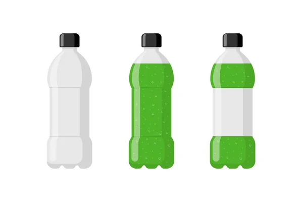 Garrafa de plástico vazia com bebida e rótulo de refrigerante verde. Bebida carbonatada com bolhas em tara plana ilustração vetorial isolada —  Vetores de Stock