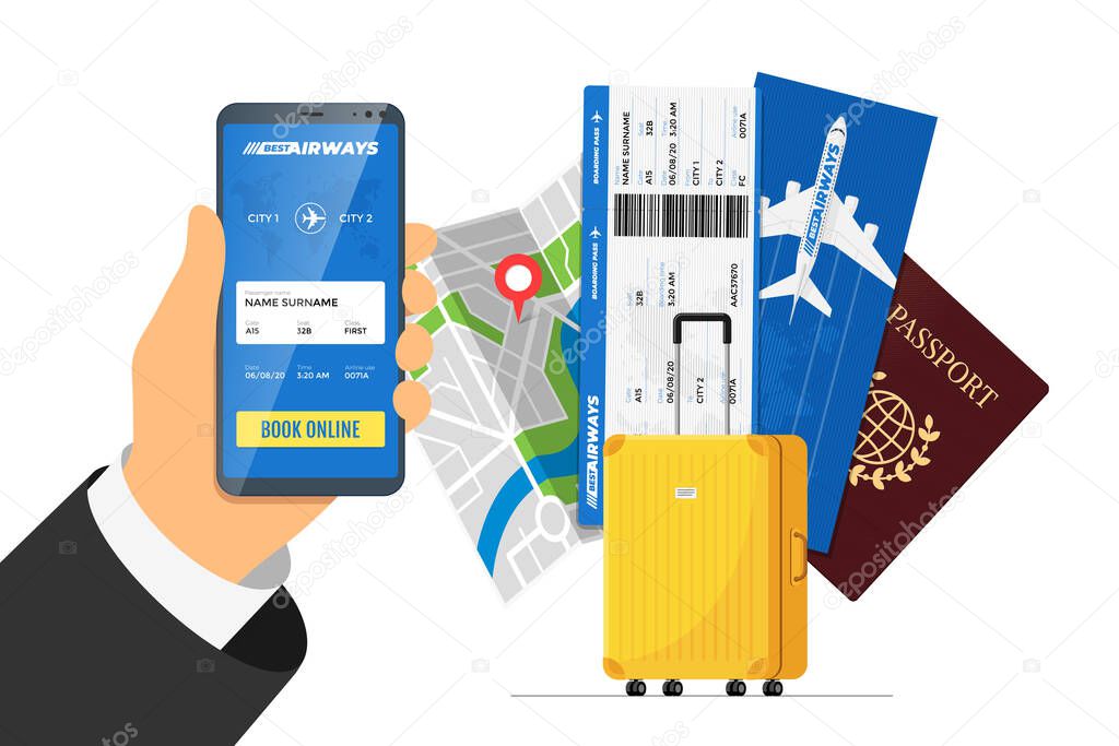 Online flight booking service concept. Hand holding smartphone with mobile app ordering airline ticket in front of suitcase luggage and passport. Travel application vector illustration
