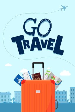 Seyahat reklamcılığı seyahat tasarım konsepti. Uçuş bileti kartı ve pasaportlu bavullar. Farklı turistik elementler ve uçak yolu çizim afişi