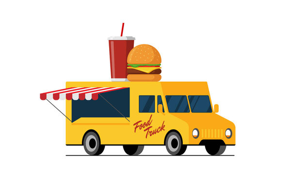 Fast food yellow truck. Burger and beverage on van roof. Hamburger with soda car delivery service or festival on street cuisine wheels vector illustration