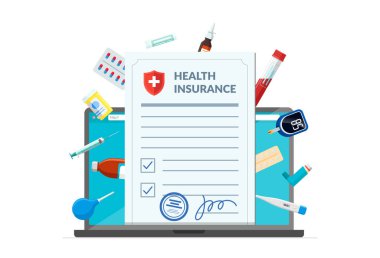 Sağlık sigortası ve tıbbi malzeme ilaç hapları. Laptop ekranında haplar. Çevrimiçi sağlık hizmeti ve eczane ilaçları konsepti modern düz tasarım konsept vektör çizimi
