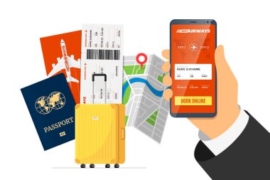 Online uçuş rezervasyonu konsepti. El ele tutuşan akıllı telefon ve mobil uygulama bavul ve pasaport önünde uçak bileti sipariş ediyor. Seyahat uygulaması düz illüstrasyon
