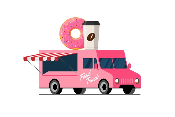 Fast Food Pembe Kamyonu Donut Kahve Bardağı Minibüsün Çatısında Sıcak — Stok Vektör