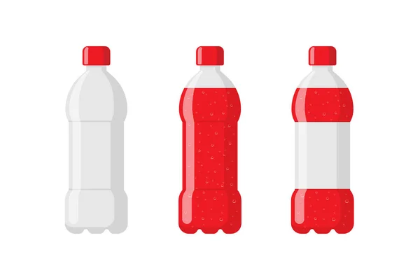 プラスチックボトルパッケージは、赤いソーダ飲料とラベルが空に設定されています。炭酸飲料と泡が描かれたフラットベクトルイラスト — ストックベクタ