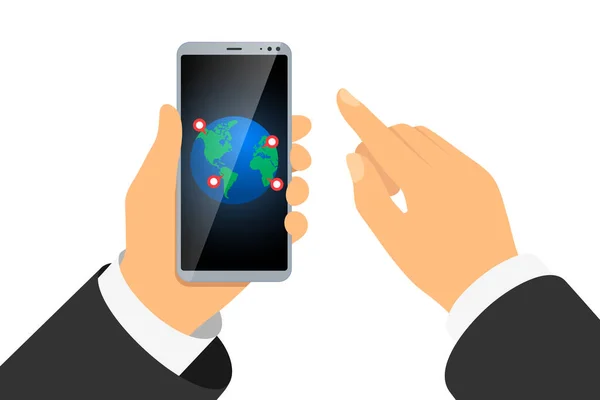Ruční držení smartphone s planetou Země a GPS umístění pin ukazatele na prstu dotykové obrazovce. Globální on-line dodání nebo cestování služby Mobilní navigační aplikace koncept. Vektorová ilustrace — Stockový vektor