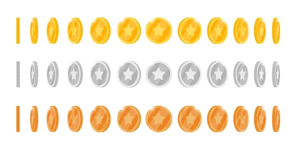 Gold Silber Bronze 3D-Münzen drehen sich um verschiedene Positionen für Spiel- oder Apps-Animation. Bingo Jackpot Casino Poker gewinnen Rotationselemente. Cash Treasure Konzept flache eps Vektor Illustration — Stockvektor