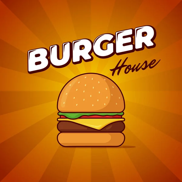 Burger House Fast Food Werbeplakat mit Strahlen und Schriftzug. Leckere Hamburger oder Cheeseburger Werbedesign-Vorlage. Vektorillustration für Restaurant-Speisekarte — Stockvektor
