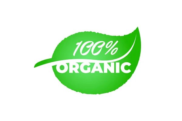 Produit biologique frais et sain de qualité certifiée à 100 % sur étiquette de feuille verte. Naturel vert éco garantie signe badge concept vectoriel isolé illustration — Image vectorielle