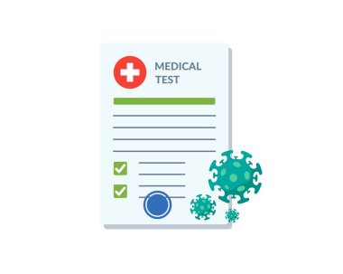 COVID-19 Coronavirus test sonuçlarıyla tıbbi laboratuvar analiz formu listesi ve onaylanmış vektör illüstrasyonu. Klinik muayene listesi boş. İlaç hizmeti konsepti