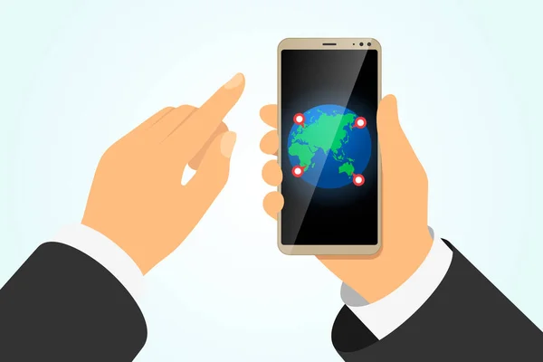 Ruční držení smartphone s planetou Země a GPS umístění pin ukazatele na prstu dotykové obrazovce. Globální on-line doručení nebo cestovní služby Mobilní navigační logistická aplikace. Vektorová ilustrace — Stockový vektor