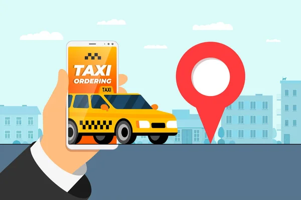 Концепция сервисного приложения. Рука держит смартфон с geotag gps местоположение пин адрес прибытия на городской улице и желтый такси. Приложение для онлайн-заказа такси — стоковый вектор