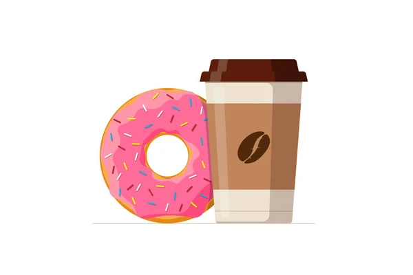 Dibujos animados colorido sabroso donut y café taza de papel desechable. Rosquilla esmaltada con ilustración plana de vector de bebida caliente — Vector de stock