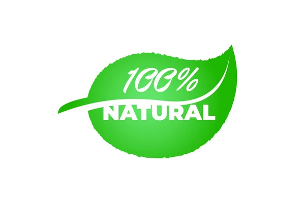 100%认证优质新鲜健康的天然产品绿色叶徽.绿色生态保修标志徽章概念矢量图 — 图库矢量图片