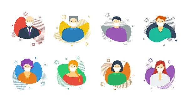 Beyaz tıbbi koruyucu maskeli erkek kadın hava yoluyla bulaşan virüs enfeksiyonunu koruyan renkli avatar seti. Salgını durduran Coronavirus salgını konsept karantina vektörü, illüstrasyonu izole eder