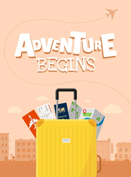 Aventure Commence Publicité Vacances Voyage Affiche Conception Concept Bagages Valise — Image vectorielle