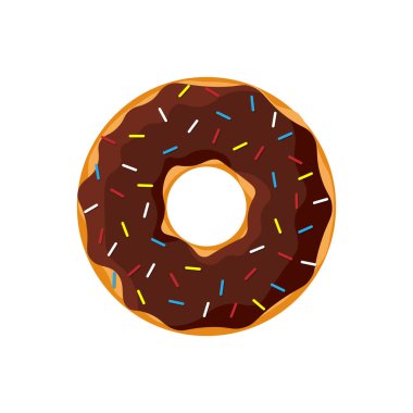 Beyaz arka planda izole edilmiş renkli ve lezzetli bir çörek. Pasta kafe dekorasyonu veya menü tasarımı için çikolatalı donut üstü görünümü. Vektör düz izole illüstrasyon