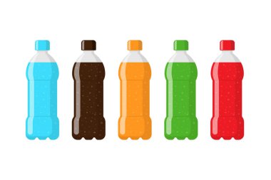 Plastik şişe seti. Mavi su, kırmızı kahve, turuncu, yeşil soda. Kabarcıklı karbonatlı içecek düz izole vektör çizimi