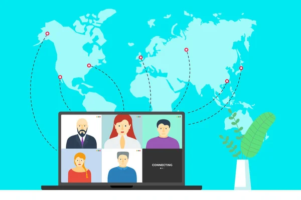 Mensen Groep Laptop Scherm Deelnemen Aan Online Conferentie Virtuele Werkvergadering — Stockvector