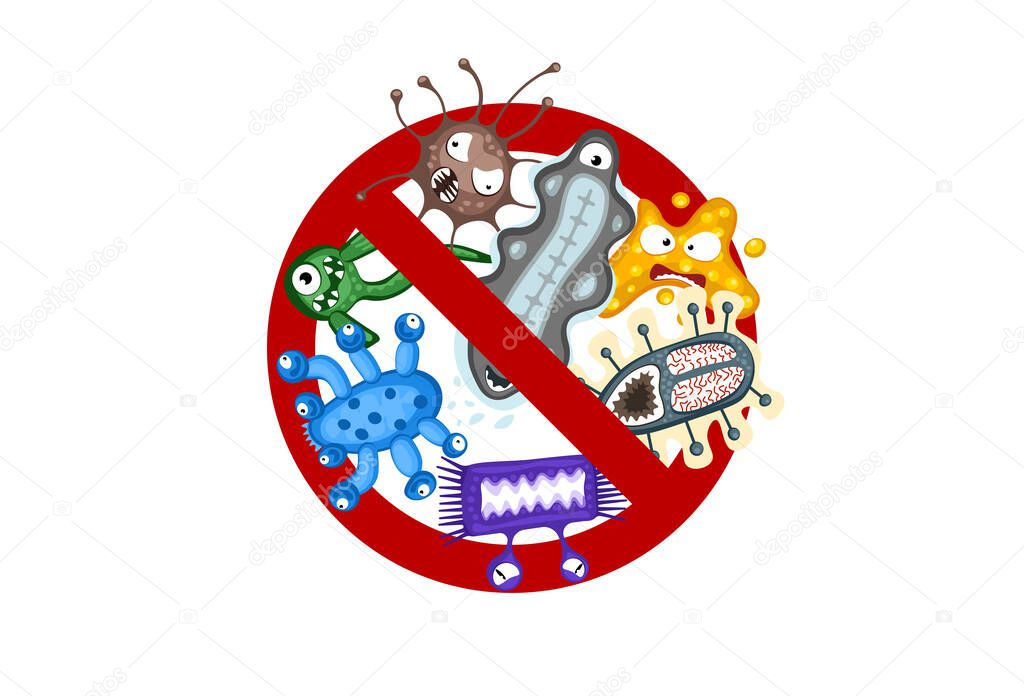 Stop spread virus sign. Cartoon germ characters isolated vector eps illustration on white background. Cute fly bacteria infection character. Microbe viruses and diseases protection concept