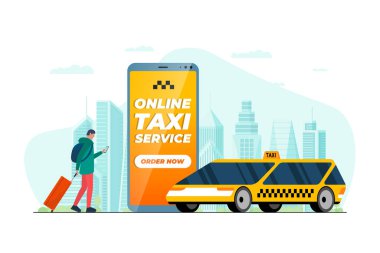 Taksi siparişi konsepti. Valizli bir erkek akıllı telefon ve modern sarı taksi siparişi veriyor. Çevrimiçi taksi uygulaması düz vektör illüstrasyonunu al