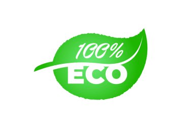 Yeşil yaprak işaretinde% 100 onaylı kaliteli eko sağlıklı doğal ürün. Yeşil bio-taze garanti etiketi konsepti. Vektör ekoloji bitkisi sembolü illüstrasyonu izole eder