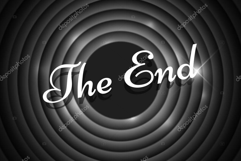 The End handwrite title on black and white round background. Old cinema movie circle ending screen. Vector noir poster template eps illustration