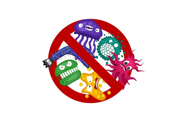 Detener signo de propagación del virus. Personajes de gérmenes de dibujos animados aislados vector eps ilustración sobre fondo blanco. Lindo carácter de infección de bacterias mosca. Concepto de protección de virus y enfermedades de microbios — Vector de stock