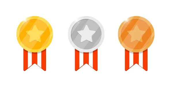 ビデオゲームやアプリのアニメーションのためのスターとストライプリボンで設定された金の銀青銅メダルの報酬 第2位のボーナス達成賞 勝者トロフィー隔離フラットベクトルイラスト — ストックベクタ