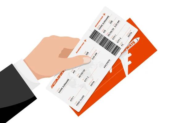 Empresario mano sosteniendo billete de avión tarjeta de embarque. Viajes aéreos y turismo documento concepto plano vector ilustración — Archivo Imágenes Vectoriales