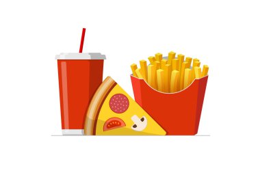 Fast sreet yemek takımı. Patates kızartmalı pizza dilimi ve meşrubat bardağı. Düz izole vektör illüstrasyonu