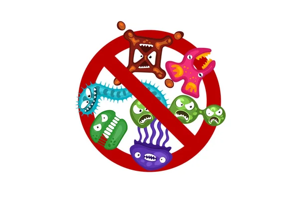 Σταματήστε την εξάπλωση του ιού. χαρακτήρες φύτρων κινουμένων σχεδίων απομονωμένη διανυσματική απεικόνιση σε λευκό φόντο. Κίνδυνος μόλυνσης από βακτηρίδια μύγας. Ιοί μικροβίων και προστασία ασθενειών — Διανυσματικό Αρχείο